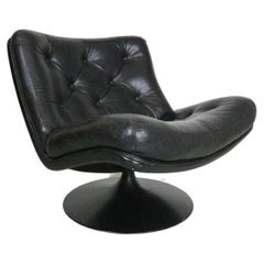 Retro Geoffrey Harcourt Swivel Black Leather Lounge Chair- "F504" for Artifort, 1960's