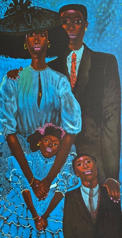 FAMILY IN BLUE Signed Lithograph, 39 x 23.5" Black Family, Contemporary Portrait