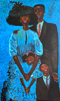 FAMILY IN BLUE Signed Lithograph, 39 x 23.5" Black Family, Contemporary Portrait