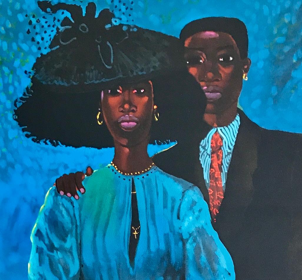 FAMILIA EN AZUL Litografía firmada, Retrato de familia en negro, azul celeste, marrón cálido - Print Contemporáneo de Geoffrey Holder