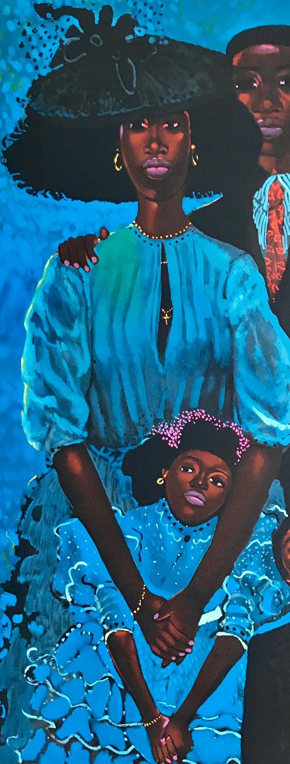 FAMILIA EN AZUL Litografía firmada, Retrato de familia en negro, azul celeste, marrón cálido - Portrait Print Azul de Geoffrey Holder