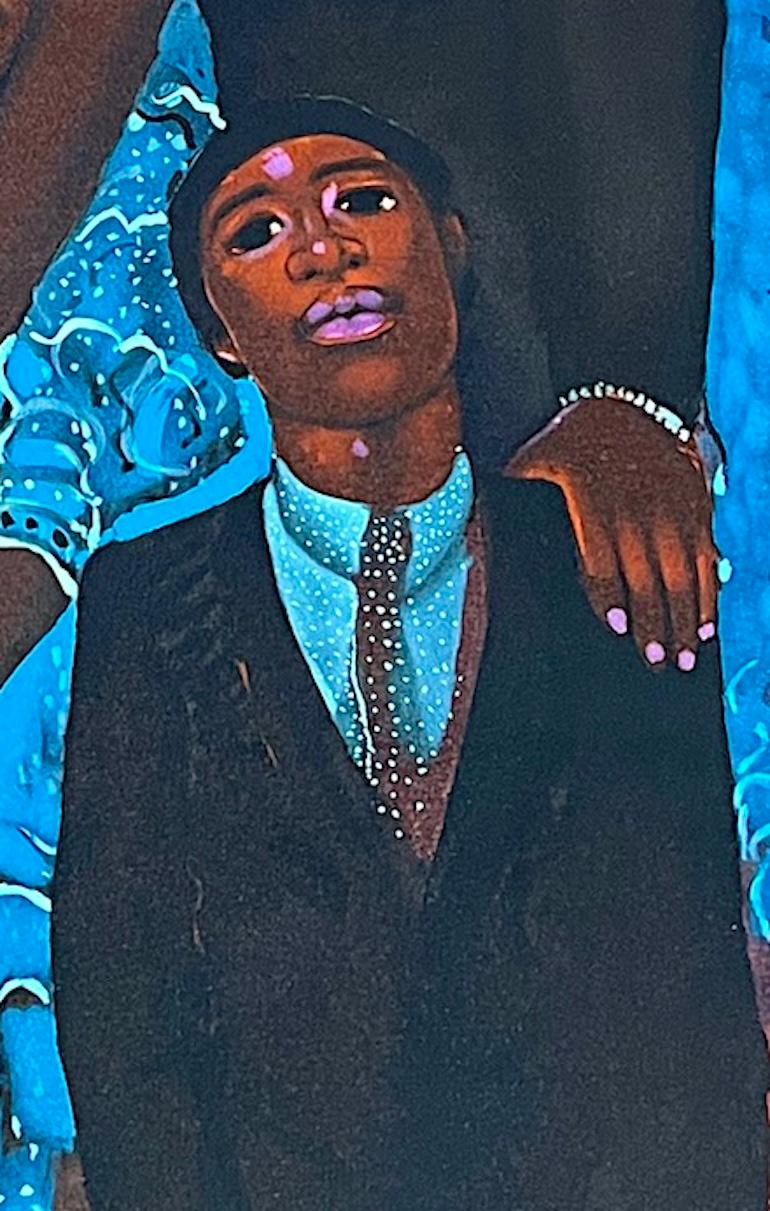 FAMILIA EN AZUL Litografía firmada, Retrato de familia en negro, azul celeste, marrón cálido en venta 1