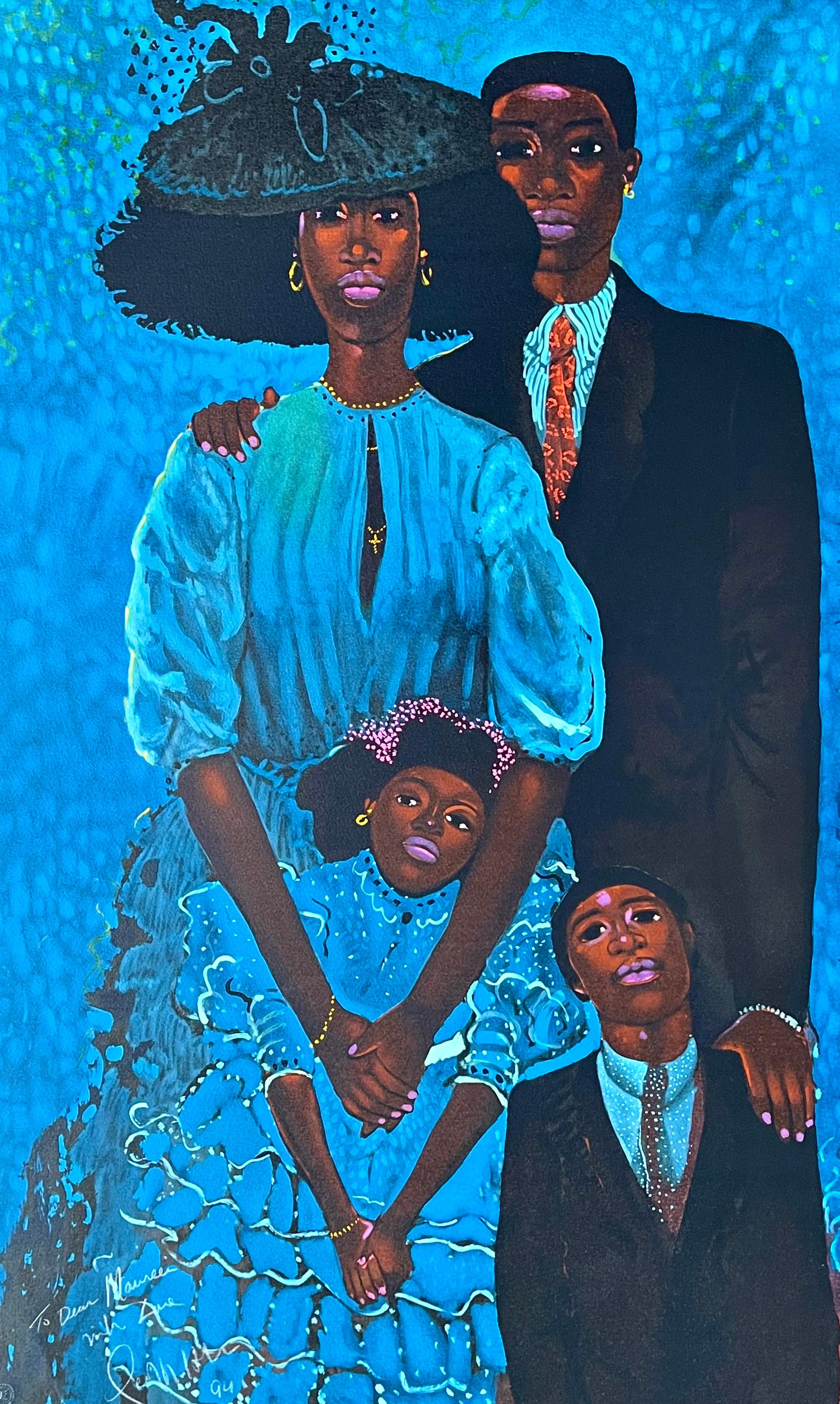 Portrait Print di Geoffrey Holder - FAMIGLIA IN BLU Litografia firmata, ritratto di famiglia in nero, blu azzurro, marrone caldo