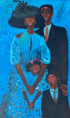 FAMILY IN BLUE Signed Lithograph, Black Family Portrait, Azure Blue, Warm Brown