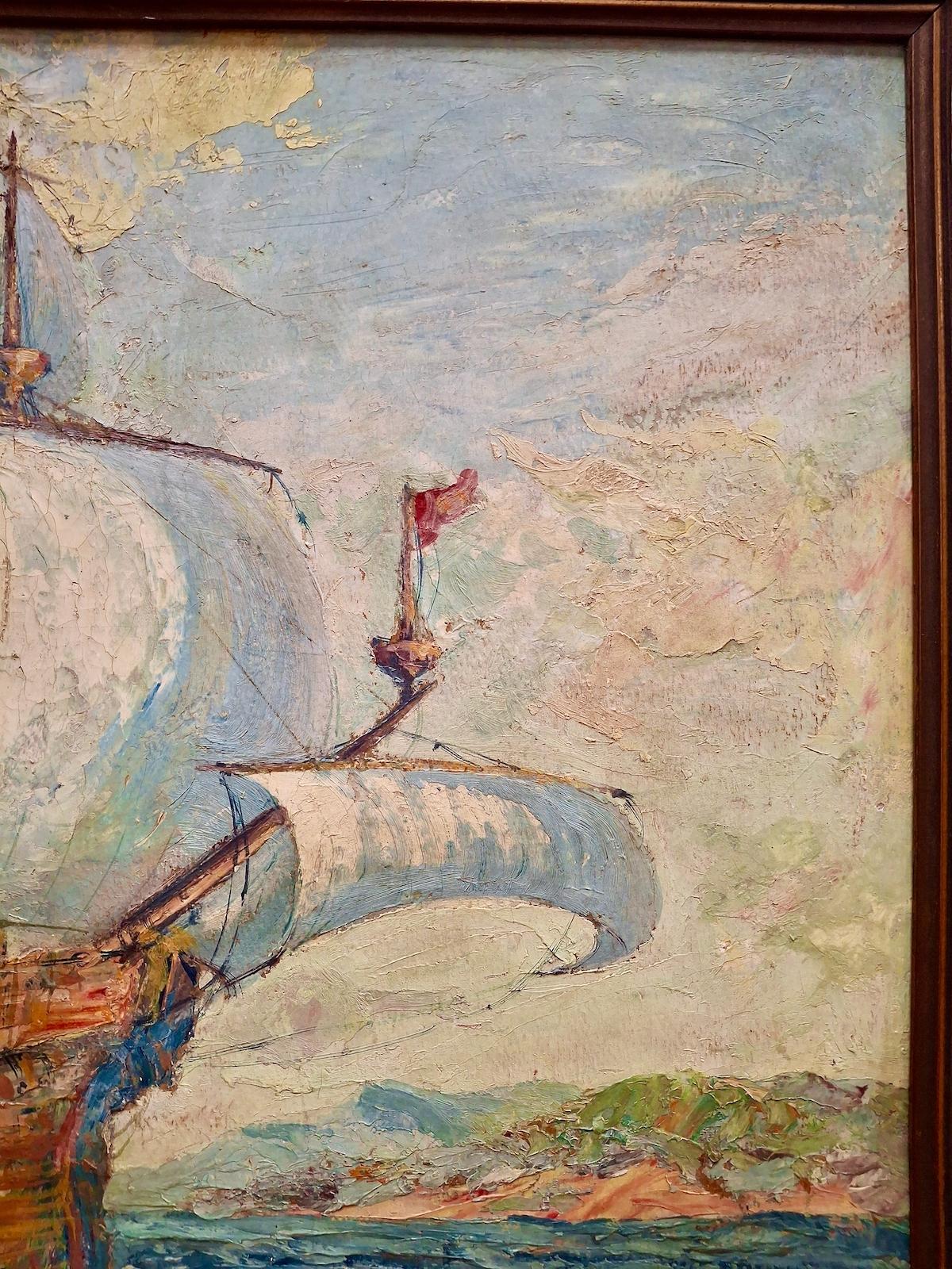 These magnificent ships, or carracks, depicted here in full sail were the heavy-duty workhorses of early 16th-century Spanish expeditions. Hernán Cortés used such ships to travel to Mexico. During the Age of Sail, these ships could carry ample cargo