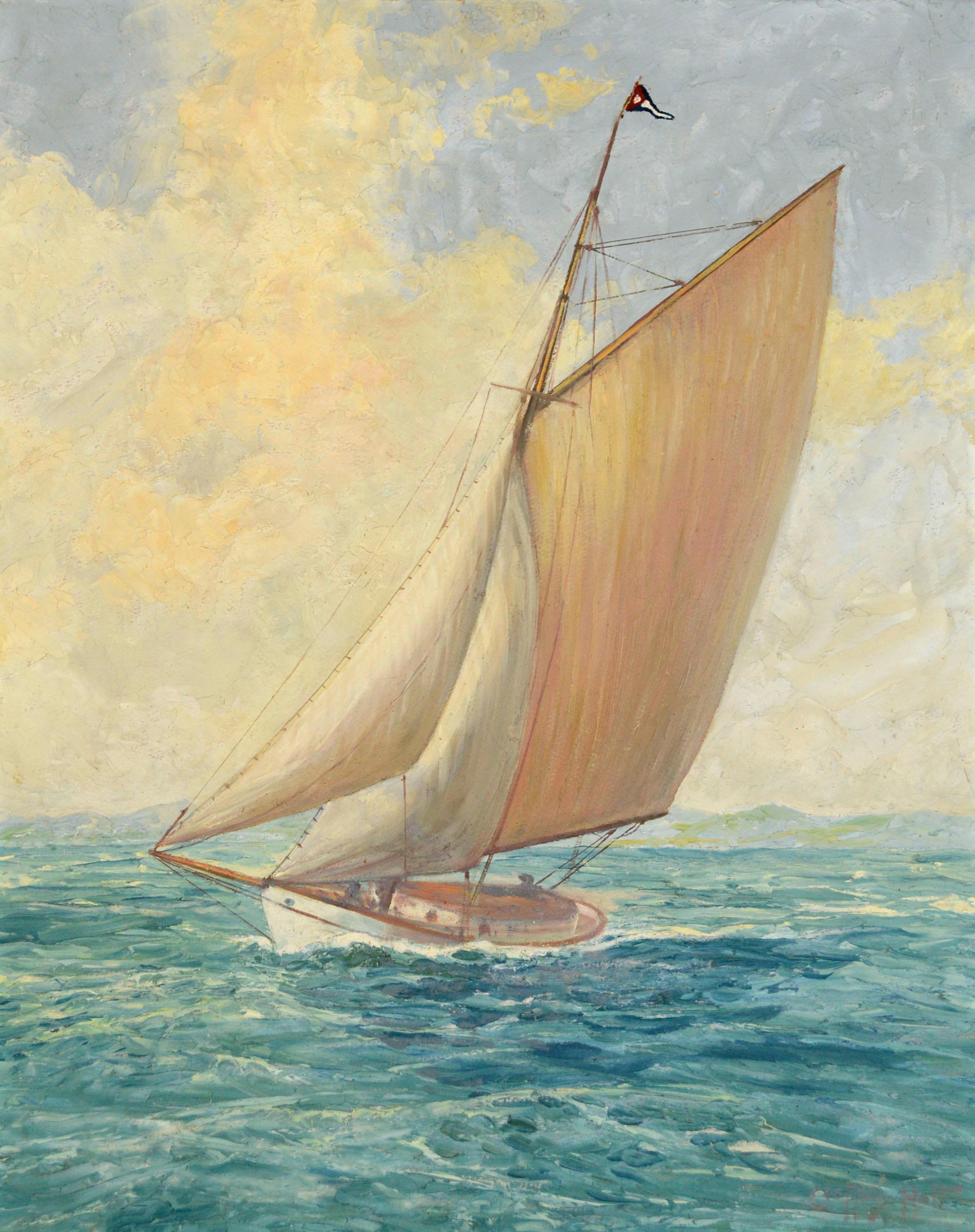 Lovely mid-century English School style maritime Sailboat off Malibu California Coast, coastal seascape of a sailboat on the water by Geoffrey Holt (American/English, 1882 - 1977). The focal point of this beautiful seascape is the boat's sail, which