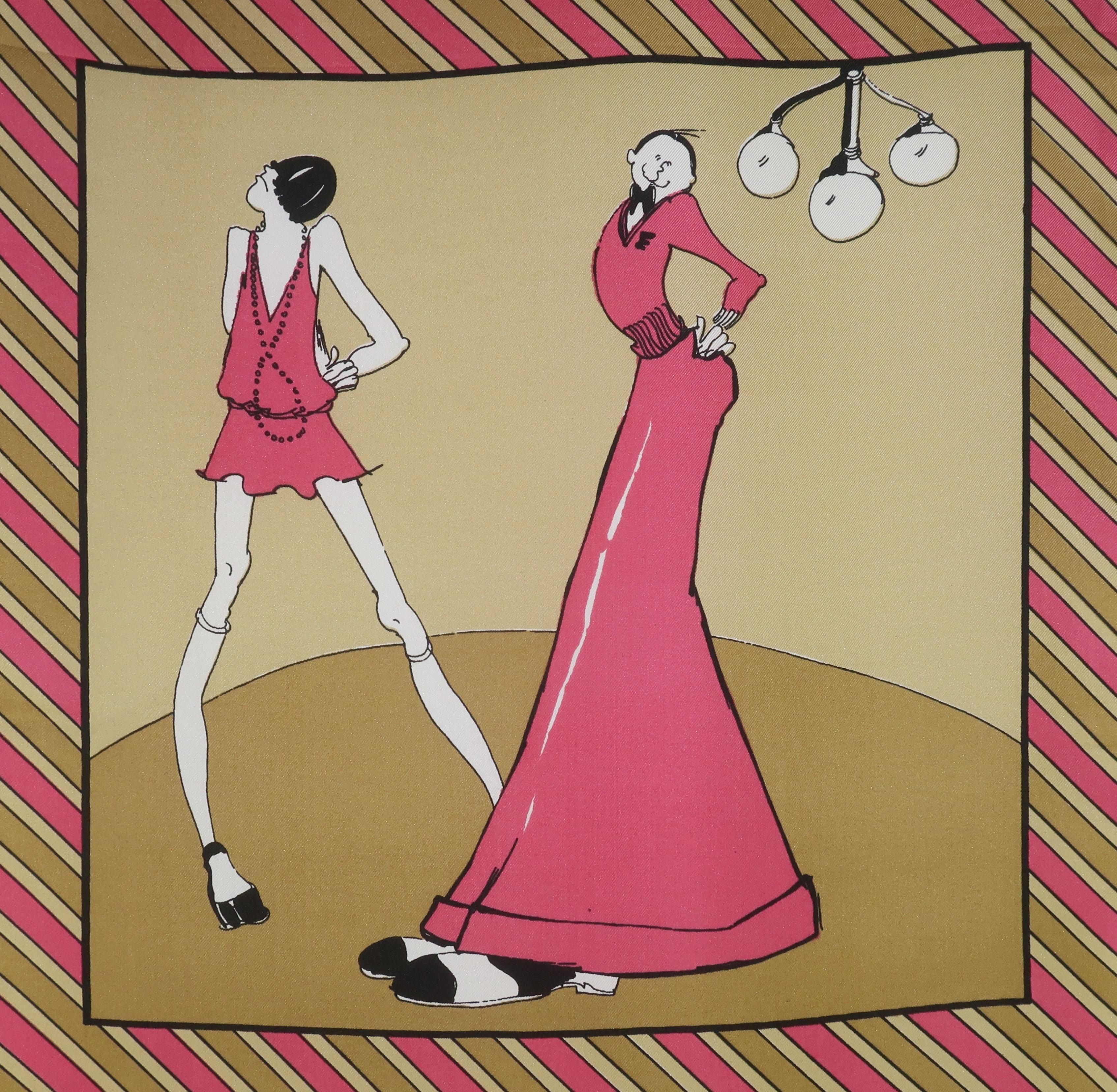 This scarf tells a story!  C.1970 Art Deco revival silk scarf with amusing comic strip style images depicting a flapper girl and her erstwhile suitor.  The extra long scarf is a vibrant combination of watermelon pink, golden light brown and tan with