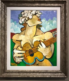 Peinture de portrait abstrait coloré contemporaine abstraite « Flower Girl with Guitar » (Flower Girl with Guitar)