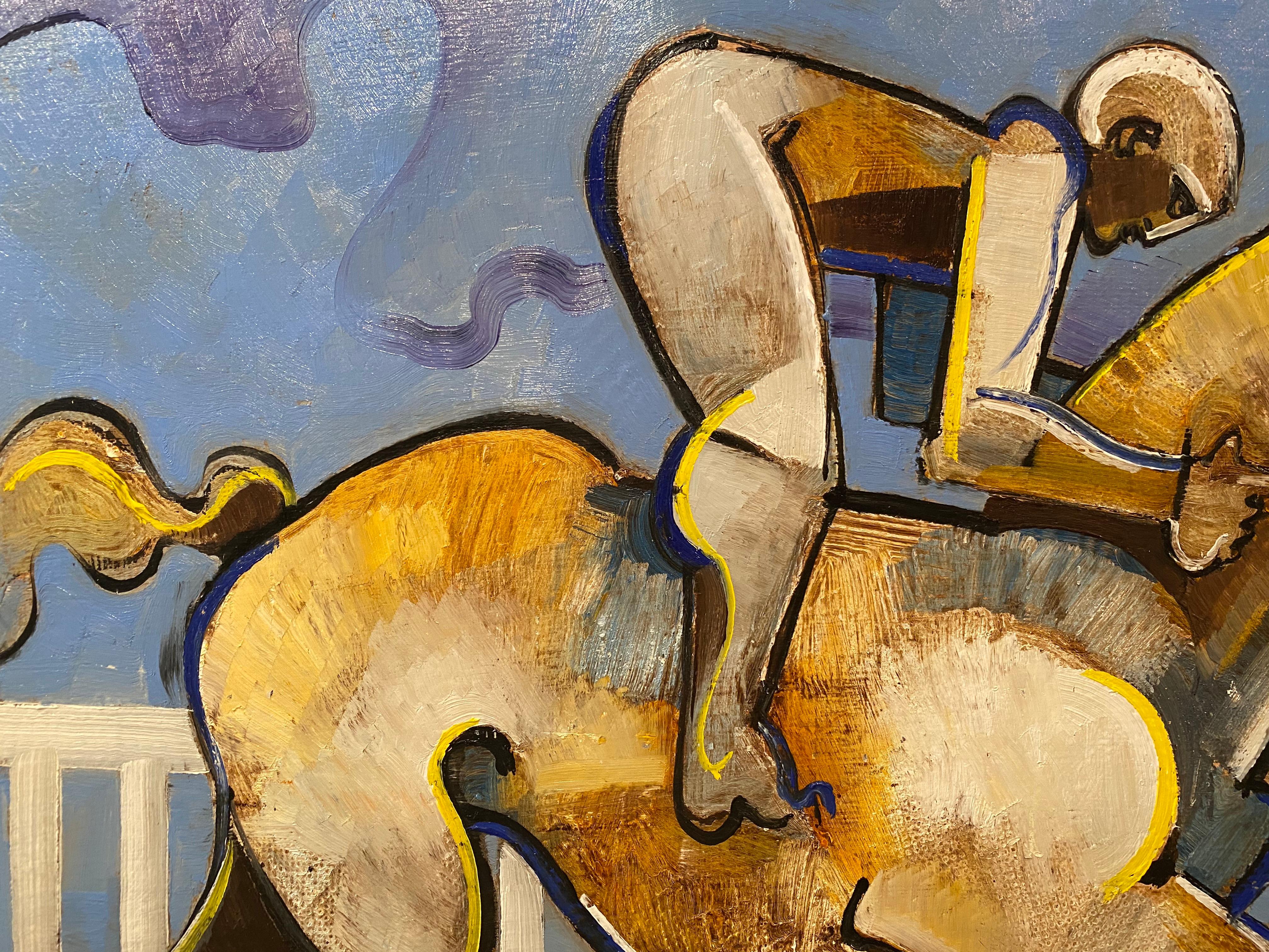 Contemporary Abstract Horse with Rider Painting 'The Rails' Colourful & Vibrant - Brown Abstract Painting by Geoffrey Key