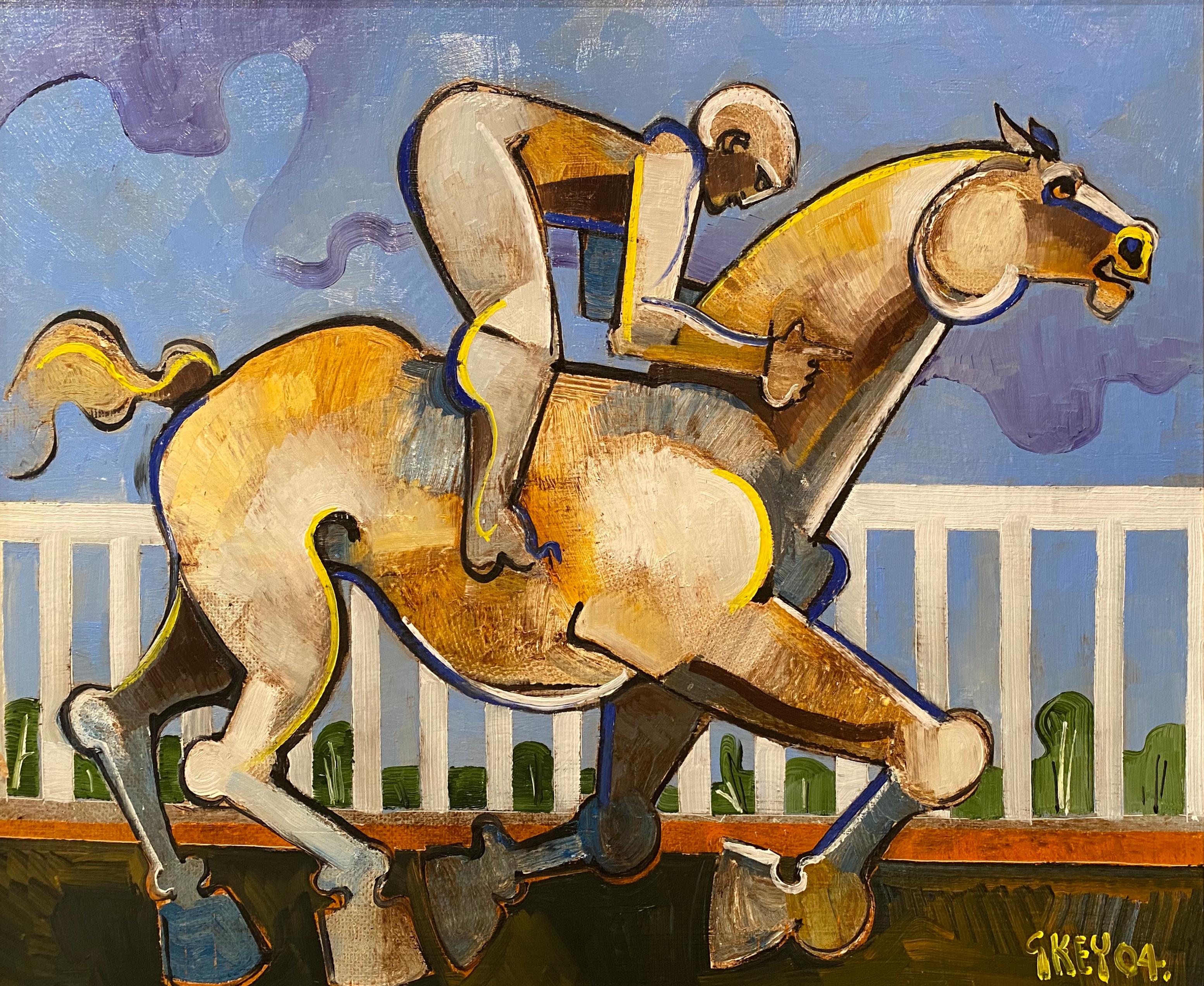 Geoffrey Key Abstract Painting - Contemporary Abstract Horse with Rider Painting 'The Rails' Colourful & Vibrant