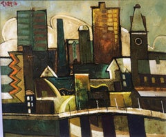 Footbridge by Geoffrey Key, Manchester, city, contemporary oil painting, 2016