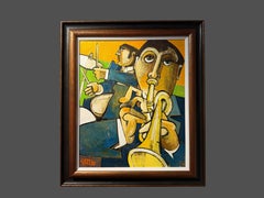 Rhythm, dipinto a olio cubista su tela, incorniciato, 30,5 x 26,5 pollici