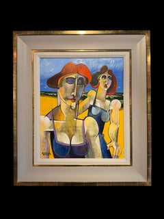 Mare e sabbia, dipinto a olio cubista su tela, incorniciato, 35 x 31 pollici