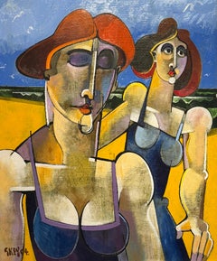 Mare e sabbia, dipinto a olio cubista su tela, incorniciato, 35 x 31 pollici