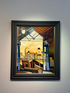 Stazione: quadro paesaggistico contemporaneo in stile cubista raffigurante una stazione ferroviaria, olio su tela