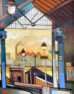 Stazione: quadro paesaggistico contemporaneo in stile cubista raffigurante una stazione ferroviaria, olio su tela