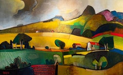 Valle soleggiata, Paesaggio cubista, Incorniciato 36 x 54, Olio su tela