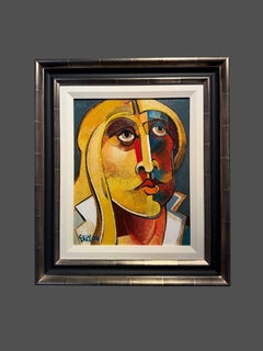 "The White Collar" – Ritratto contemporaneo in stile modernista, giallo, blu, rosso