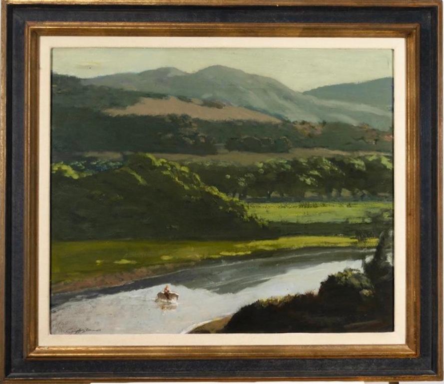 Geoffrey Lewis (American, 1928-2005)
River Crossing
Oil on panel
Signed lower left
Panel approx: 19 3/4 x 23 7/8 inches 
In a black and gilt frame with off-white fabric lining: overall 26 1/2 x 30 1/2 inches.

The painting depicts a lone figure on