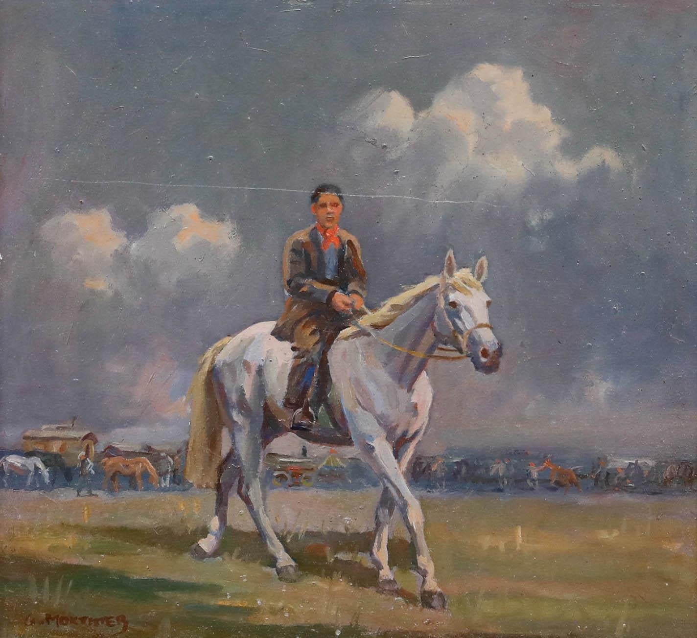 Geoffrey Mortimer (1895-1986) - Huile encadrée du milieu du 20e siècle, cheval et cavalier en vente 1