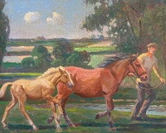 Vintage Equestrian English Oil Painting in Ornate Frame Mare and Foal Landscape
