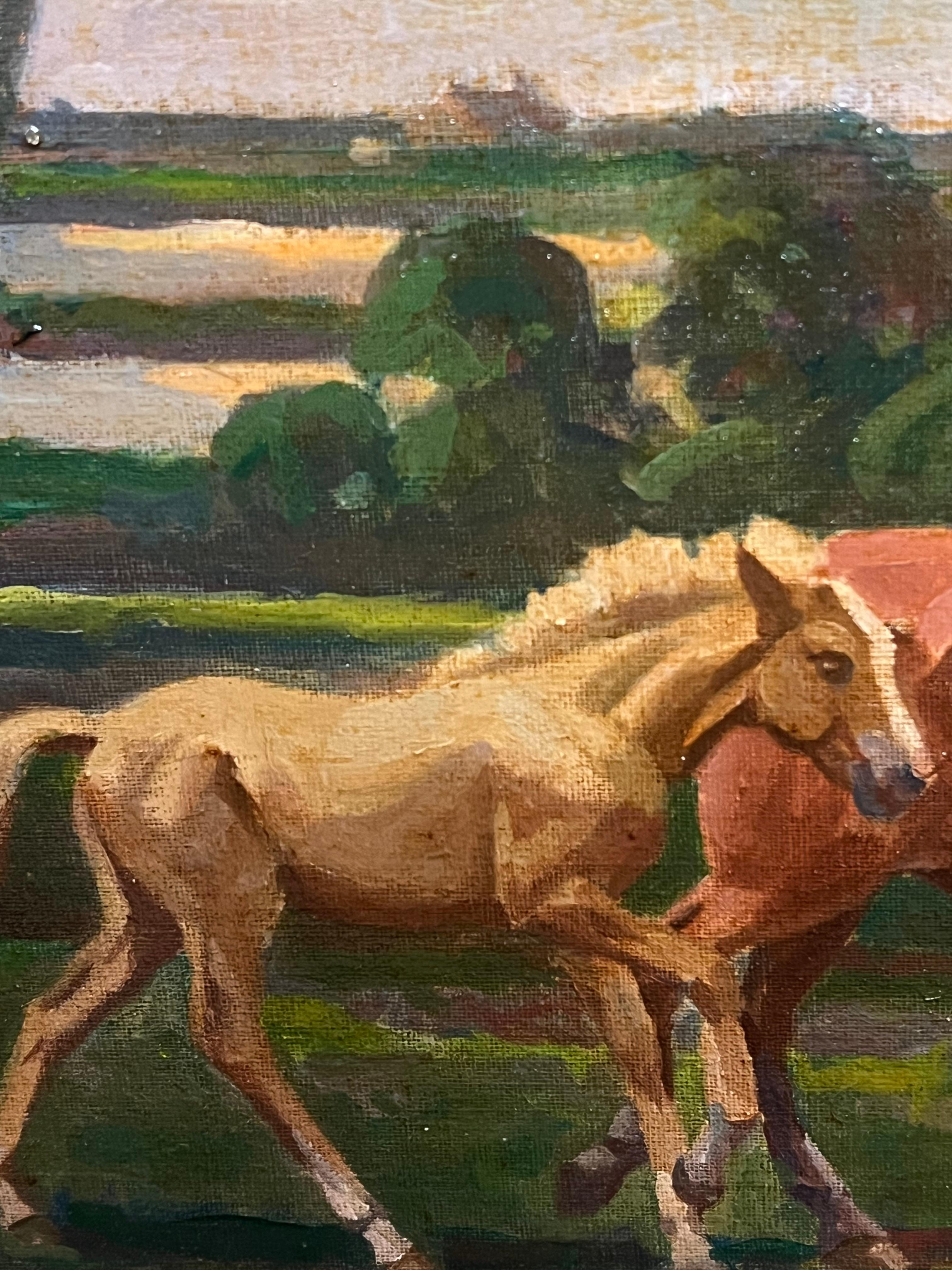 Pintura al óleo inglesa ecuestre vintage en marco ornamentado Paisaje de yegua y potro - Painting Impresionista de Geoffrey Mortimer