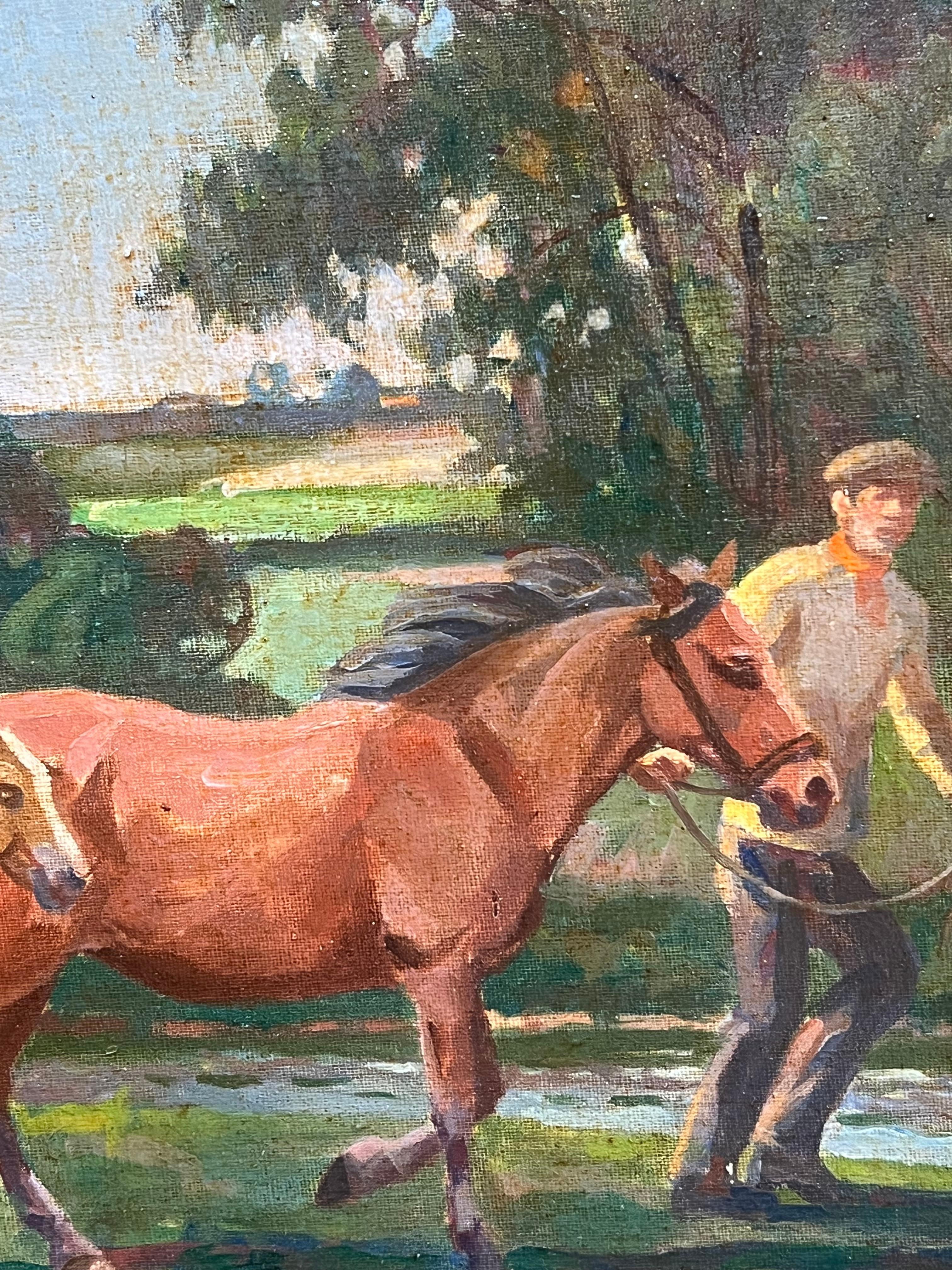 Pintura al óleo inglesa ecuestre vintage en marco ornamentado Paisaje de yegua y potro - Animal Painting Marrón de Geoffrey Mortimer