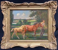 Antique Equestrian English Oil Painting in Ornate Frame Mare and Foal Landscape