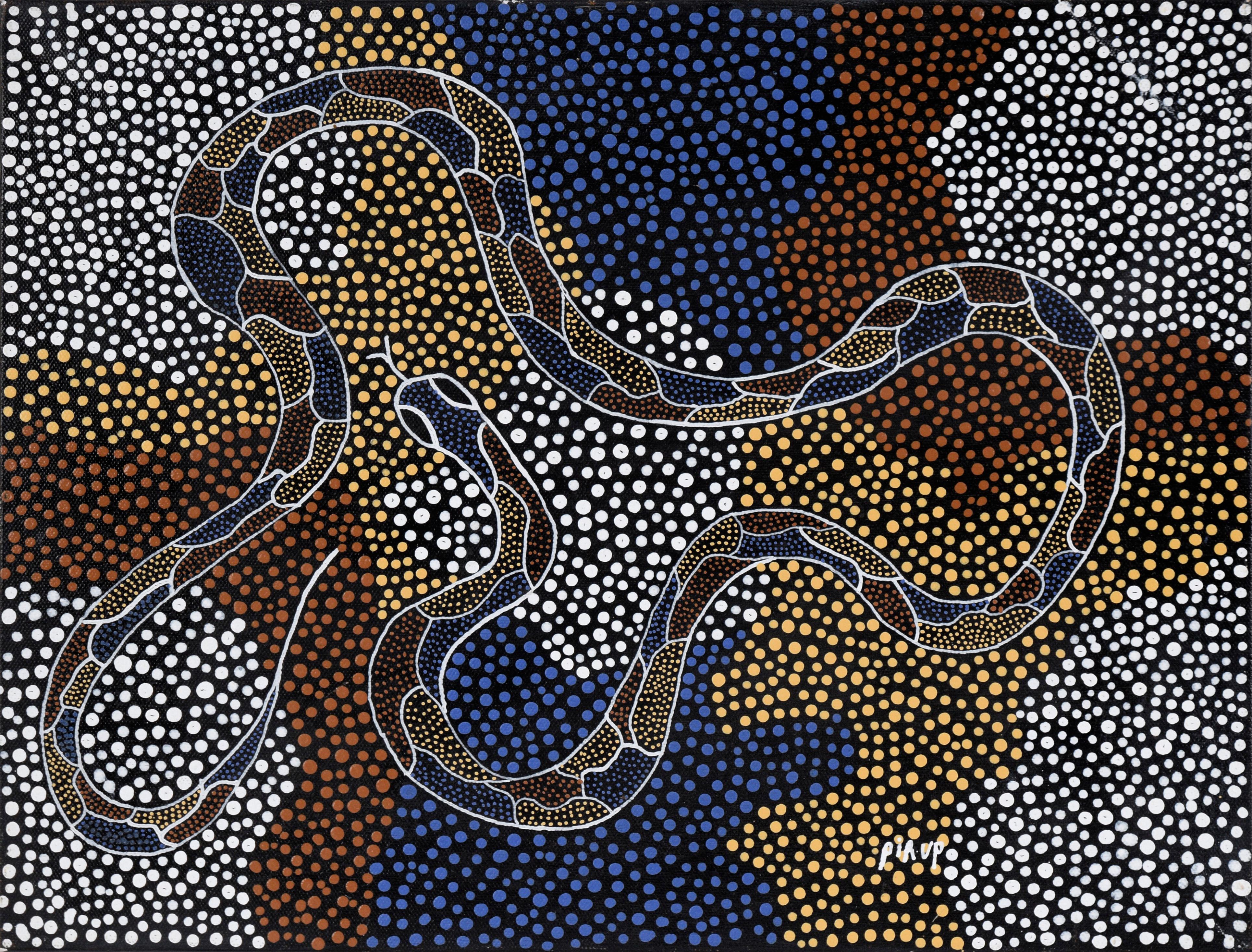 The Creator Serpent - Aborigine Dot Gemälde in Acryl auf Leinwand