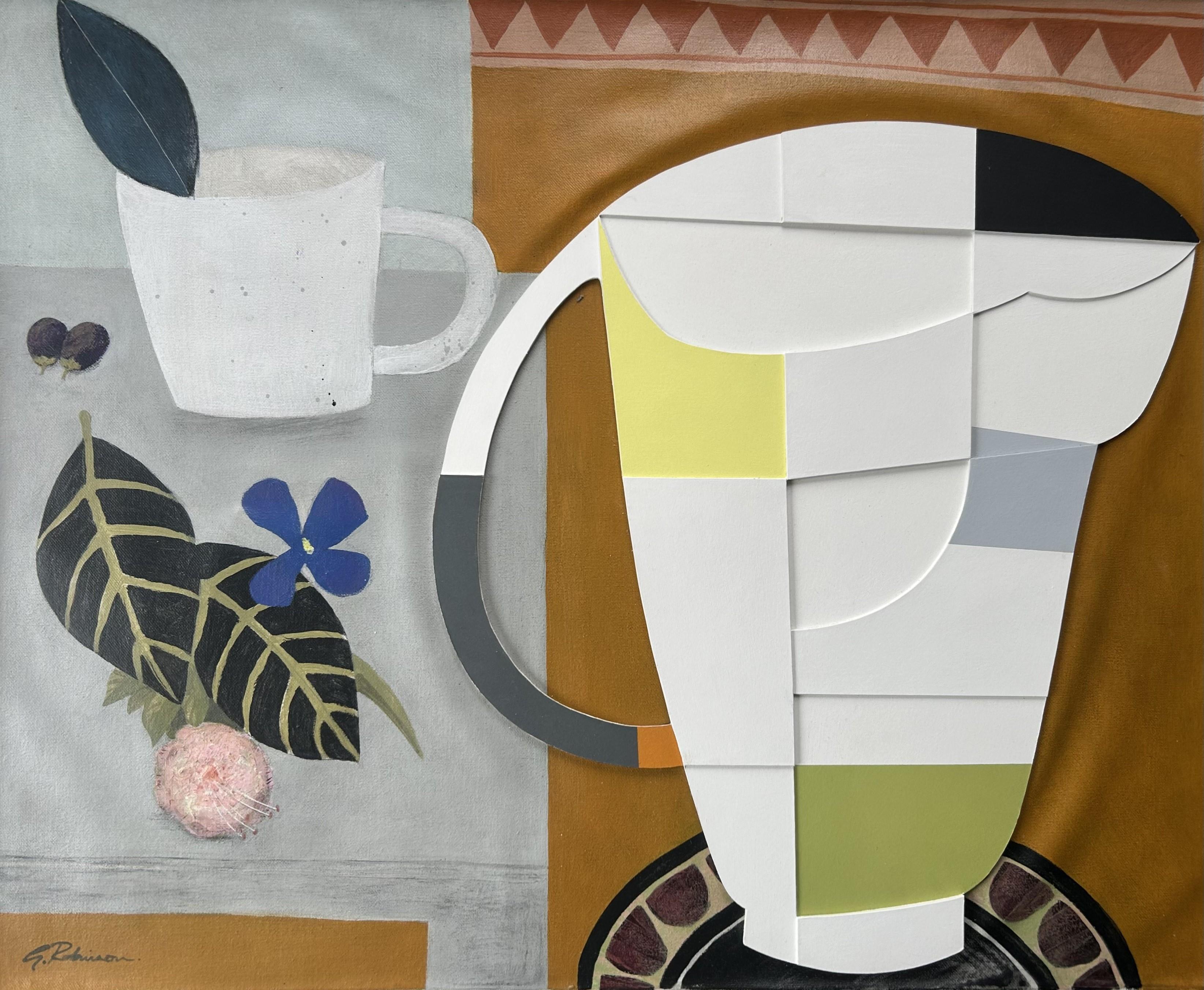 ROBINSON, Geoffrey (b.1945)
Jug Relief and Still Life Arrangement 
2000
48.0 x 59.5 cm
Collage on unstretched canvas, Unframed 

Geoffrey Robinson trained at Bournemouth College of Art in the 1960’s, before a career in advertising and music. Since