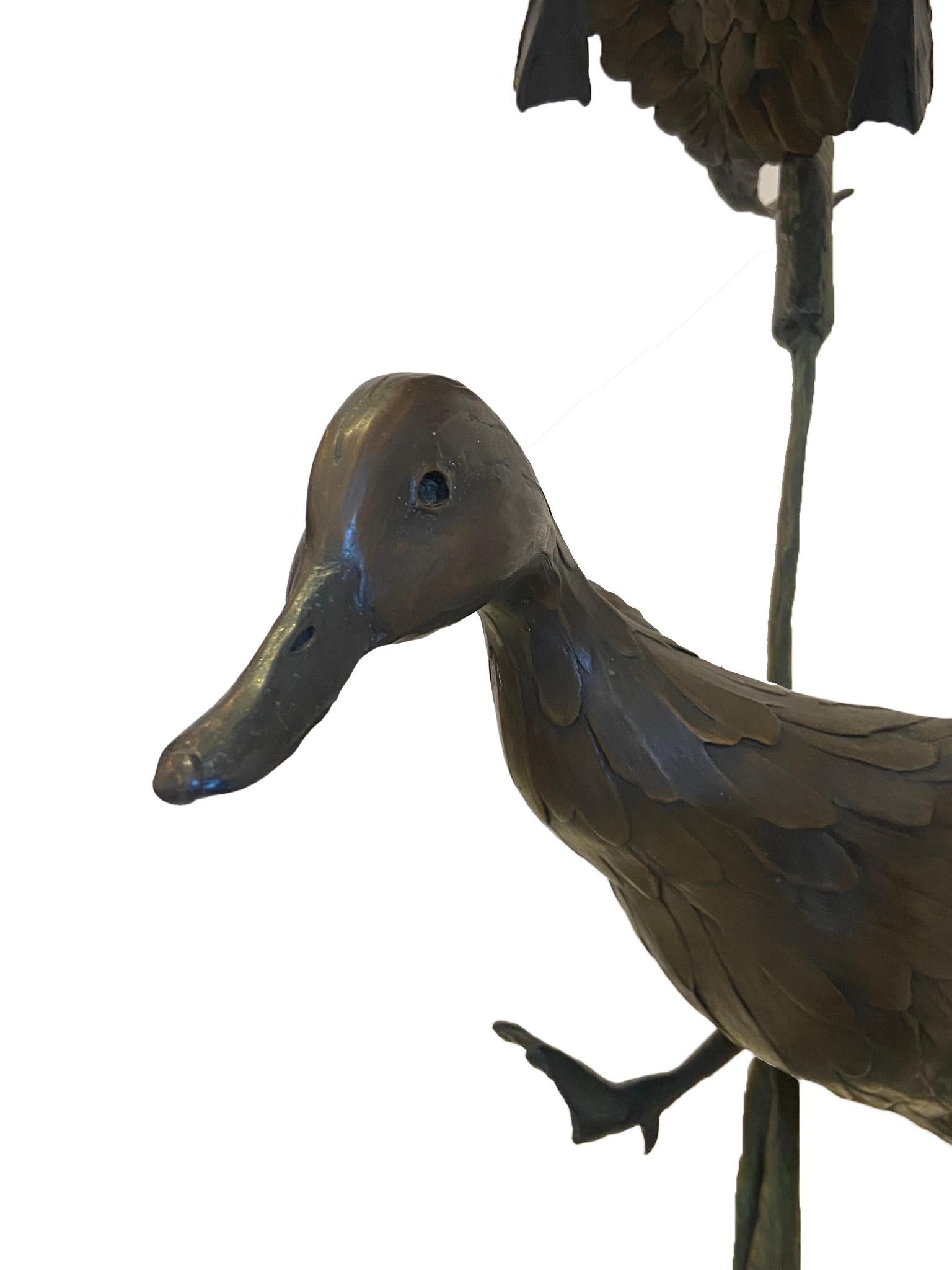 American Craftsman Geoffrey Smith Life Size Pintail Pair Bronze Sculpture Flying Ducks