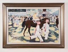 Vintage American Modernist School Horse Race Landscape Signed Oil Painting