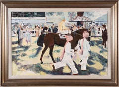 Vintage American Modernist School Horse Race Landscape Signed Oil Painting