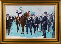 Vintage American Modernist School Horse Race Landscape Signed Oil Painting