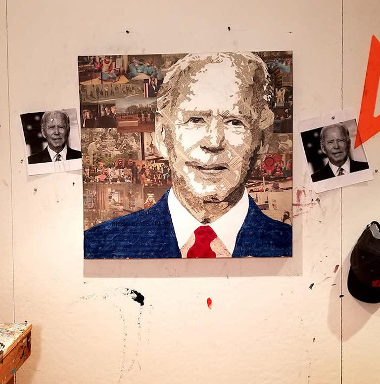 Collage material from The New York TImes and the transcript of Biden's November 11, 2020 victory speech from the Washington Post, acrylic, gesso and pencil on canvas
30 x 30 inches
-----------
