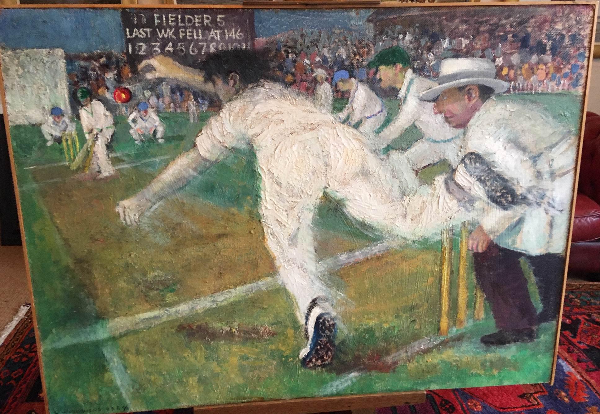 Geoffrey Underwood Figurative Painting - "The English Cricket Match" Large Naive Oil Painting