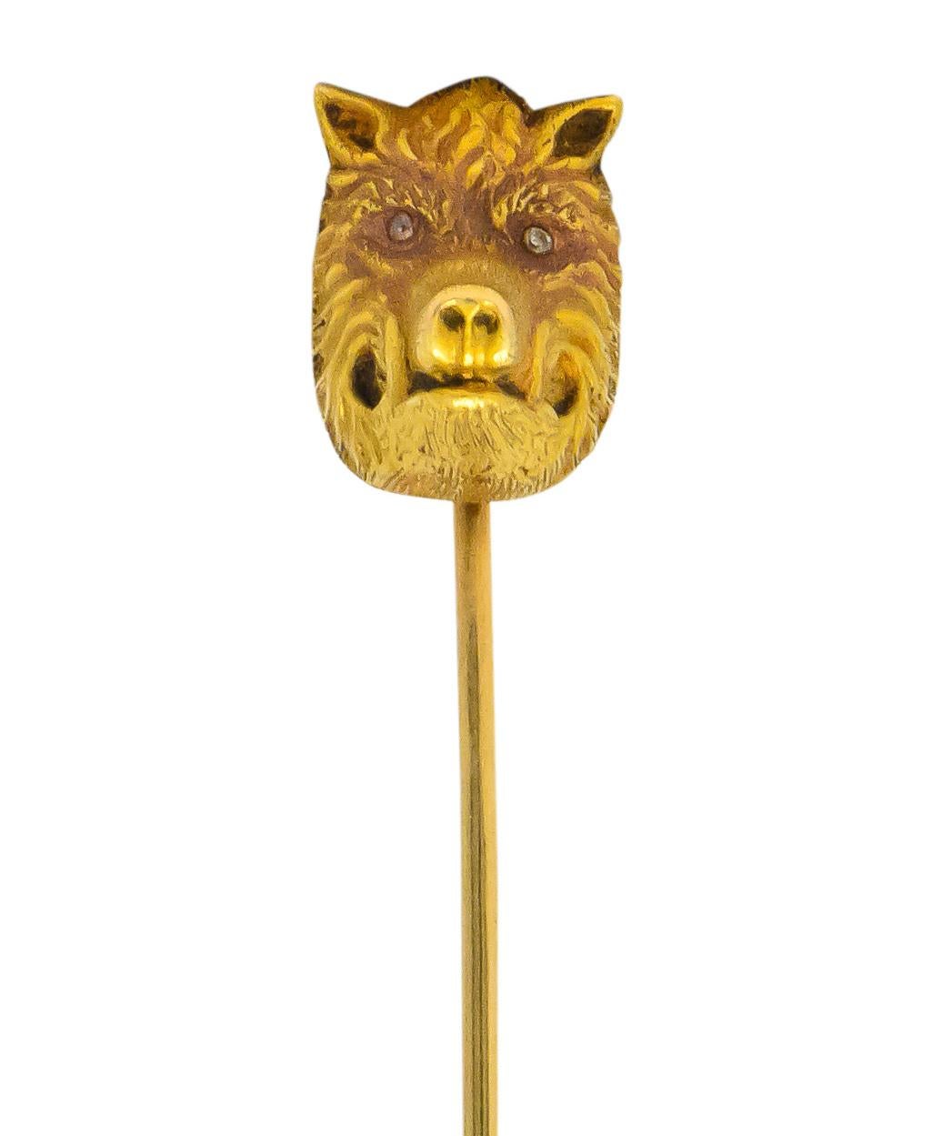 Centering a detailed boar face with a protruding tusked snout and stylized fur

Accented by single cut diamond eyes

Stamped with maker's mark for Geoffroy & Co. and 14 for 14 karat gold

Head measures: approx. 3/8 x 1/2 inch

Total length: 2 1/2