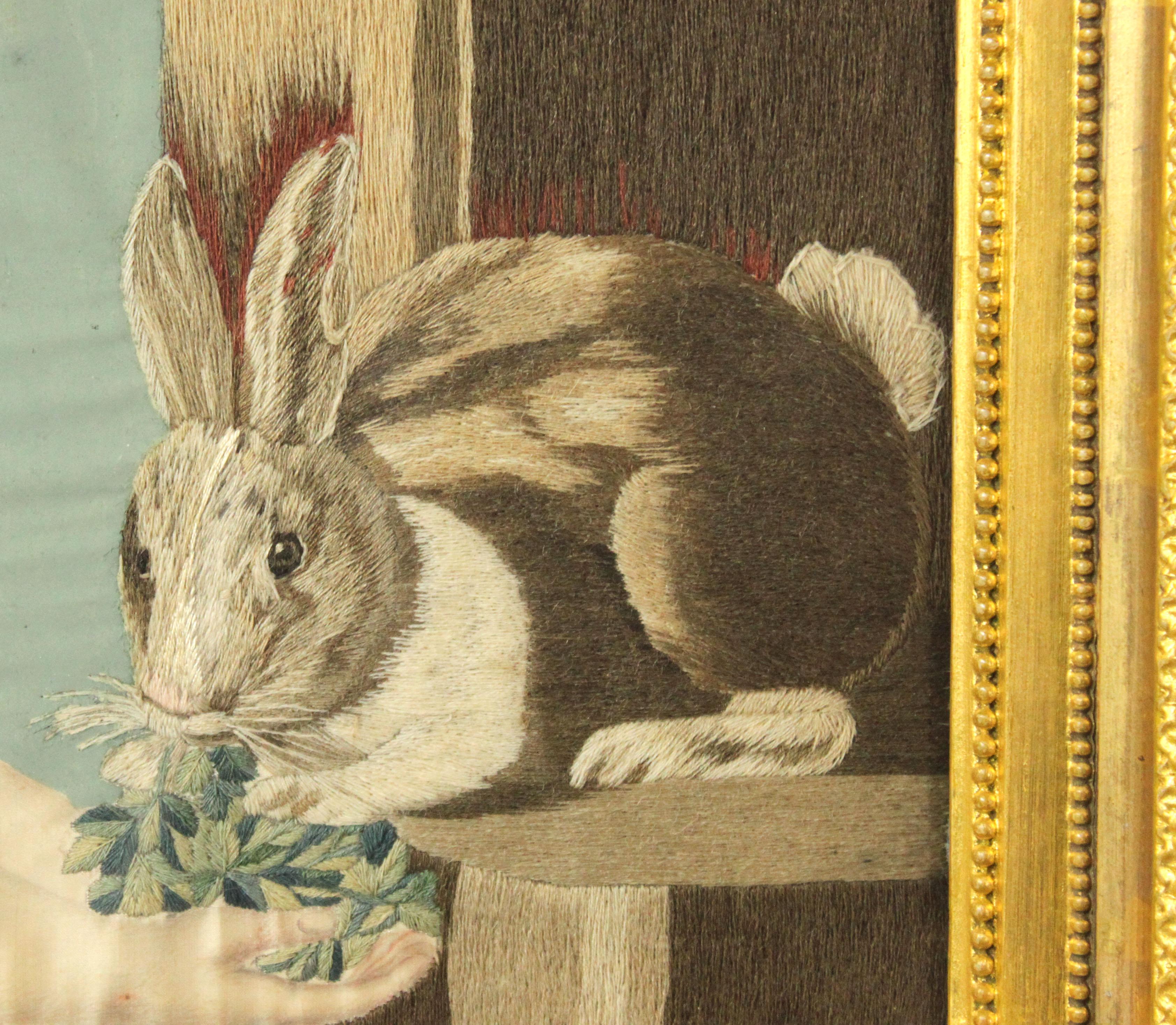 English Geoge III Needlework of a Girl Feeding a Rabbit