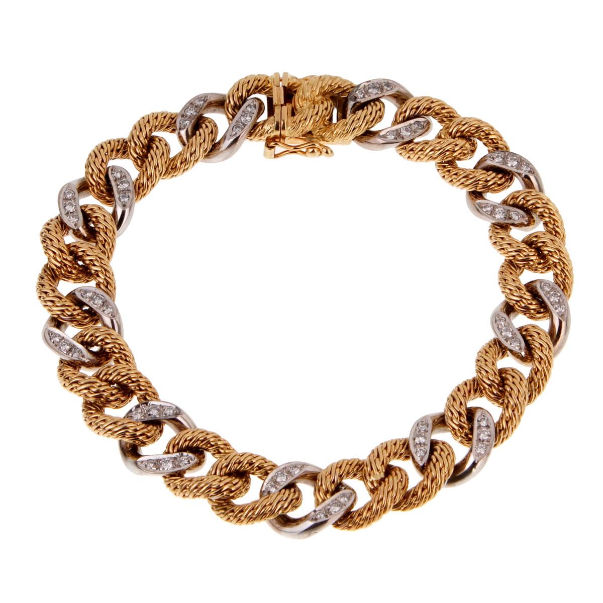 An incredible bracelet by Piaget featuring 18k yellow gold braided links and alternating white gold links adorned with round brilliant cut diamonds.

Length 7 1/4