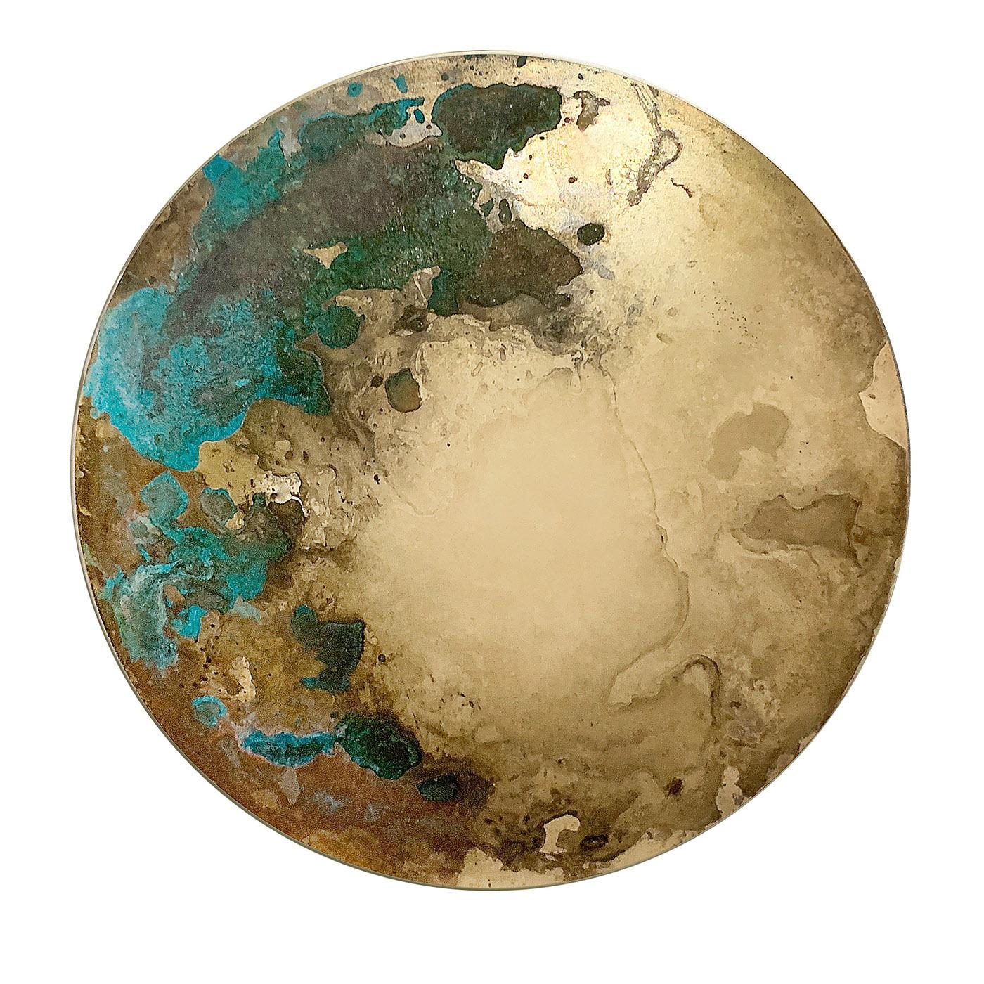 A masterful and artful interplay between acids and oxides applied to the brass lends this decorative disk its outstanding artistic character. Turquoise, green, gold, and beige all merge within unpredictable traceries that vary from piece to piece