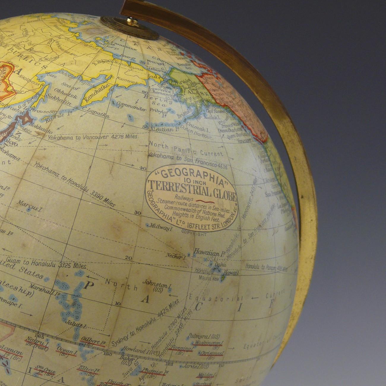 A fine 10 inch terrestrial globe by Geographia of Fleet Street London. With brass semi-meridian on a circular Bakelite base, circa 1950.

Dimensions: 25.5 cm/10 inches (diameter) x 35.5 cm/14 inches (height)

Bentleys are Members of LAPADA, the