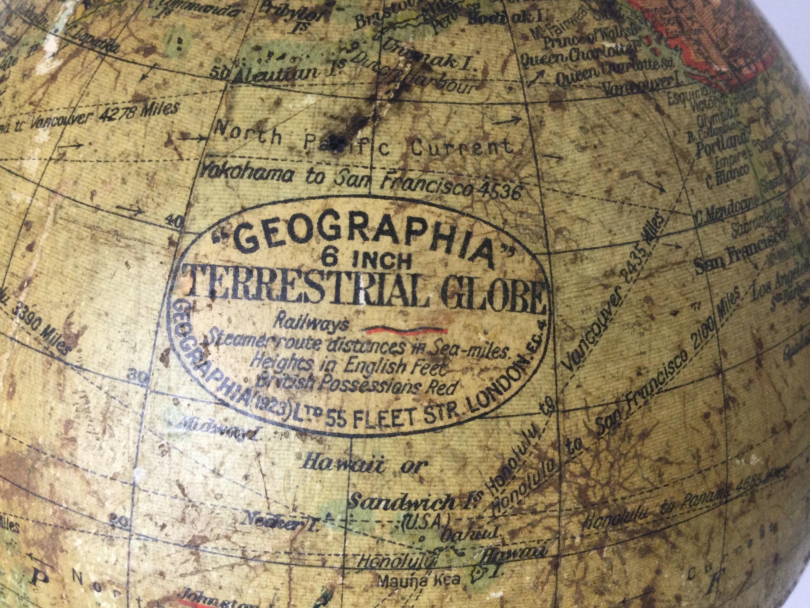 Geographia 6 inch Terrestrial Globe London, 1923 In Fair Condition In Lambertville, NJ