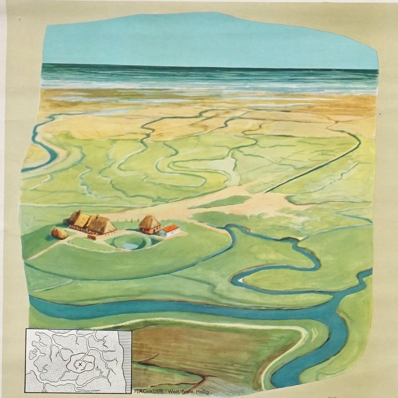 La peinture murale vintage à dérouler illustre les grandes et petites formes géologiques de la surface de la terre avec la côte plate, la côte escarpée, l'île volcanique, le fjord et les icebergs. Maison d'édition Tellus, Esslingen. Impression