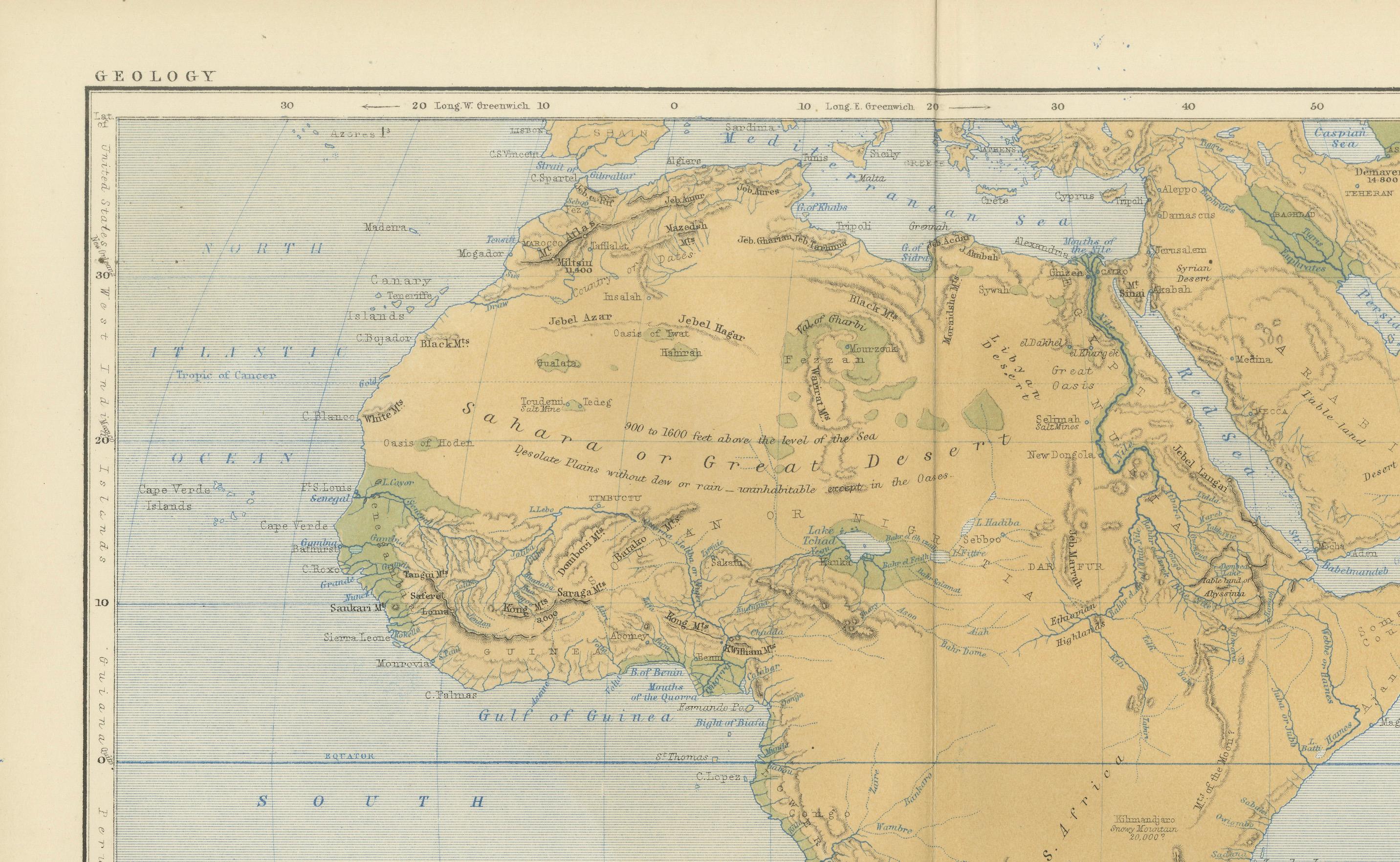 Geological Map of Africa by A.K. Johnston – Mountains and Valleys 1852

This antique map titled 