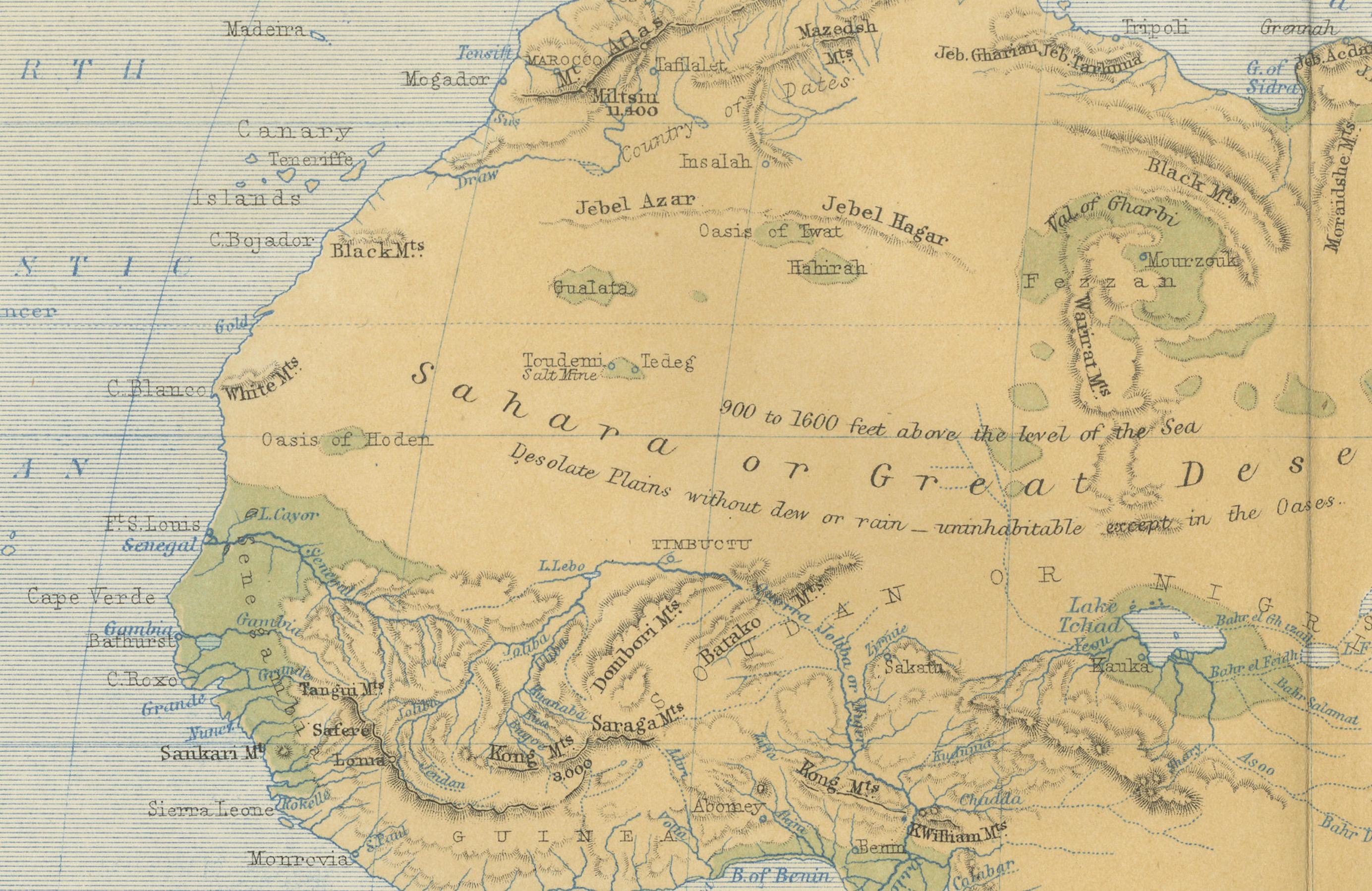 19th Century Geological Map of Africa by A.K. Johnston – Mountains and Valleys 1852 For Sale