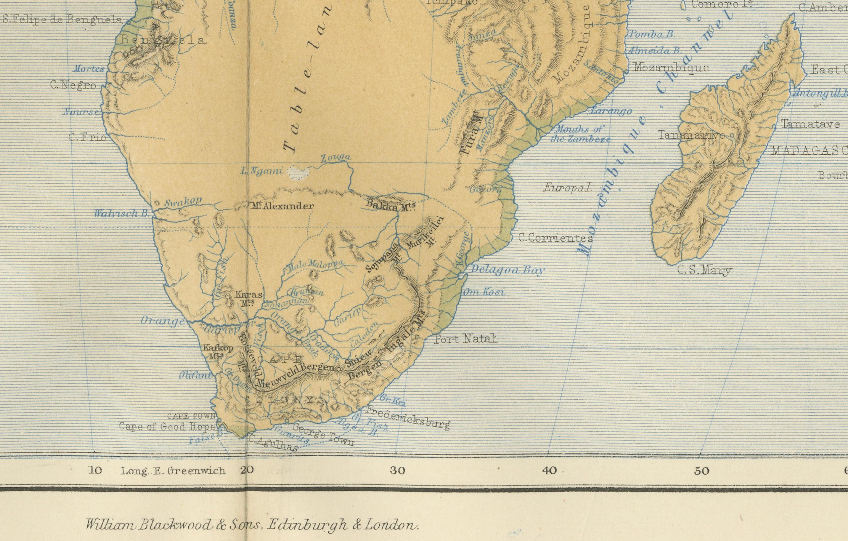 Paper Geological Map of Africa by A.K. Johnston – Mountains and Valleys 1852 For Sale