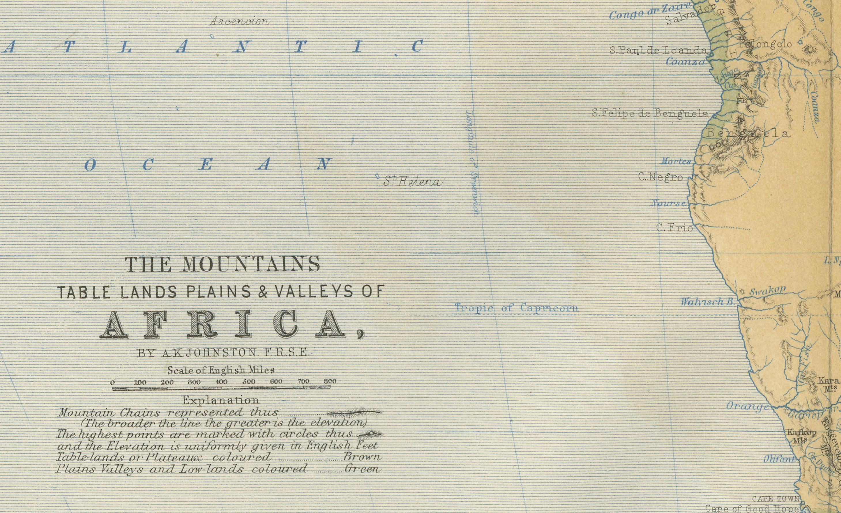 Geological Map of Africa by A.K. Johnston – Mountains and Valleys 1852 For Sale 1