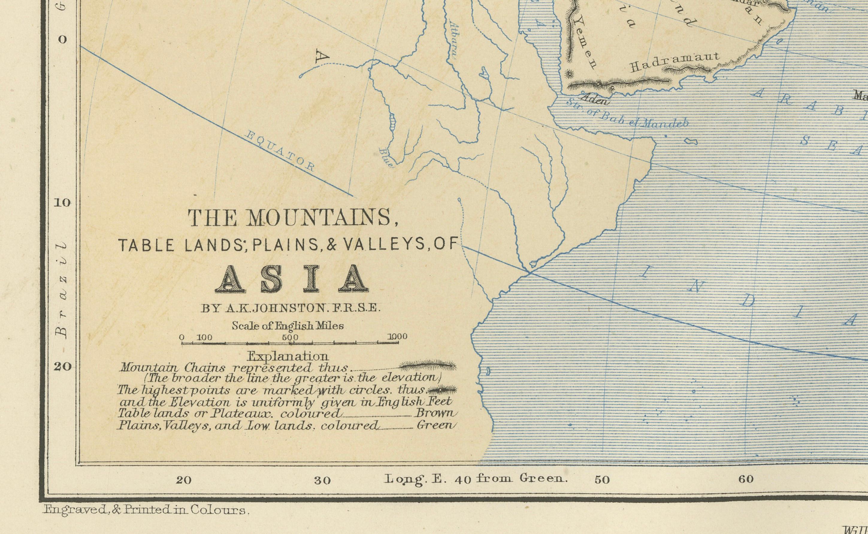 Paper Geological Map of Asia by A.K. Johnston – Mountains and Valleys 1852 For Sale