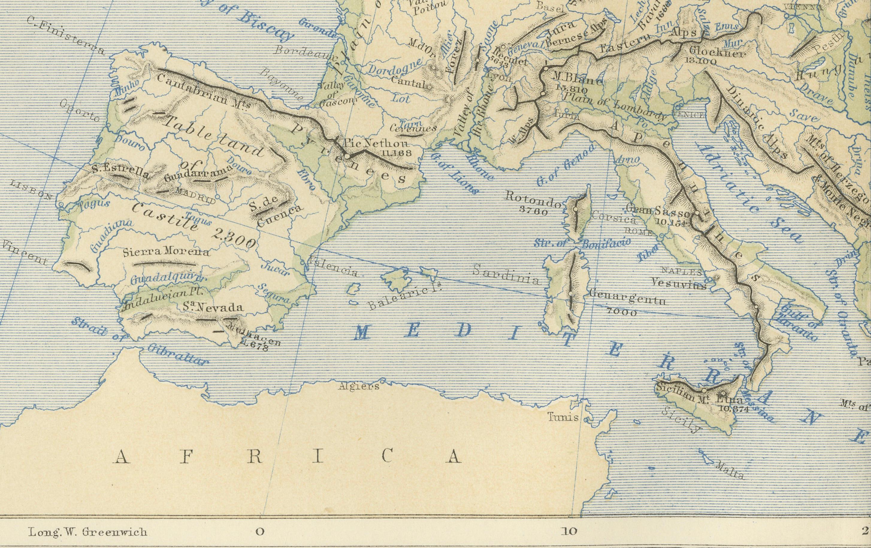 19th Century Geological Map of Europe by A.K. Johnston – Mountains and Valleys 1852 For Sale