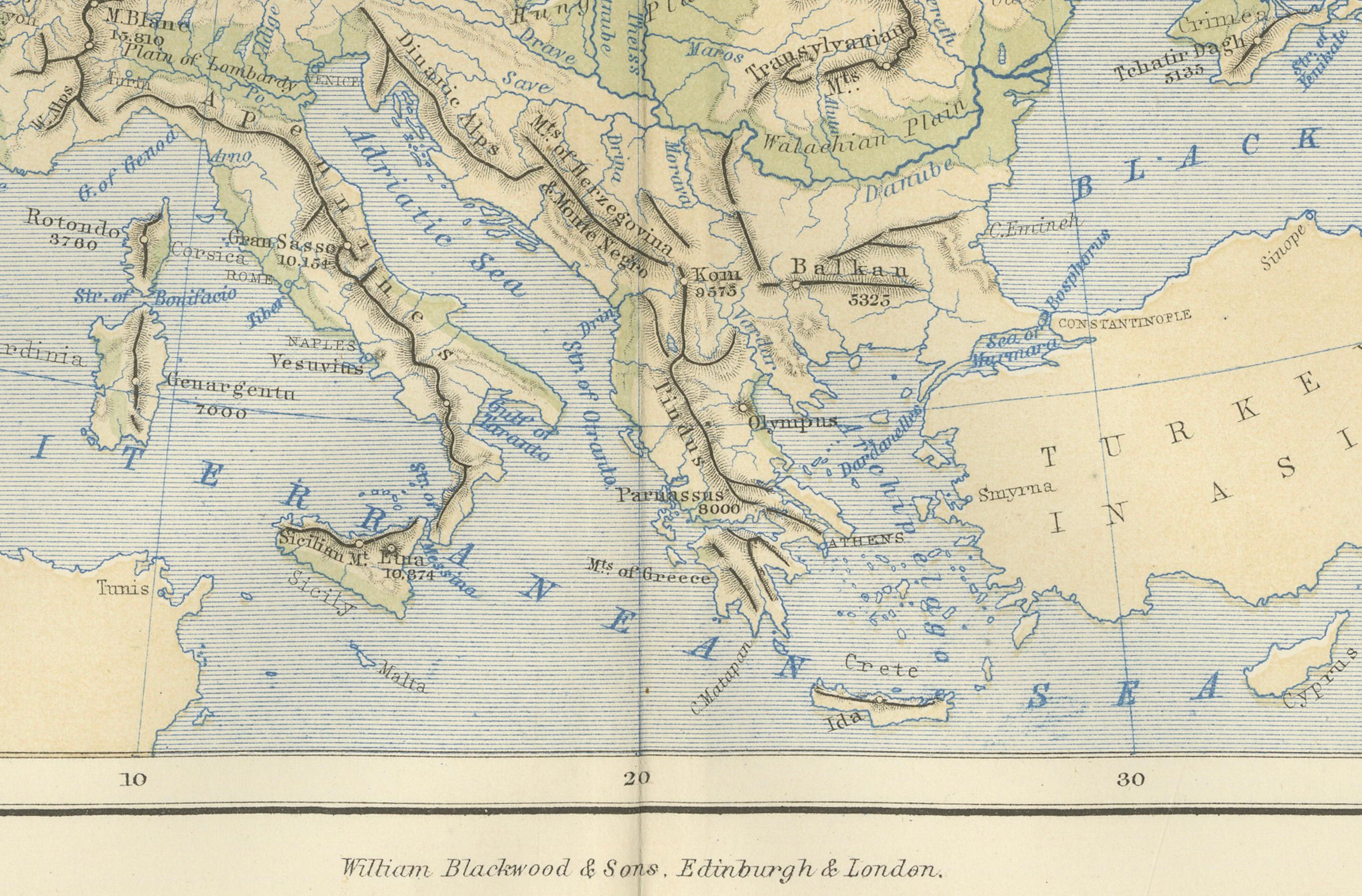 Paper Geological Map of Europe by A.K. Johnston – Mountains and Valleys 1852 For Sale